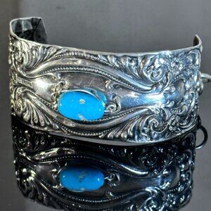 Antique Sterling Silver Cuff Bracelet Sleeping Beauty Turquoise 925 Victorian